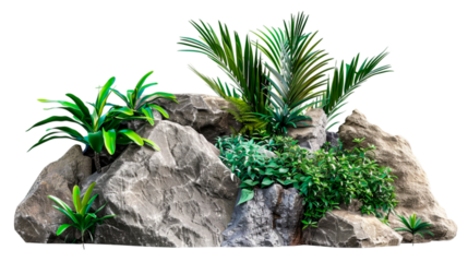 Tropics green plants gardening design with nature rock transparent background.
