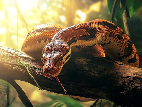 Python Snake Resting on Branch in Jungle Habitat with Tongue Out
