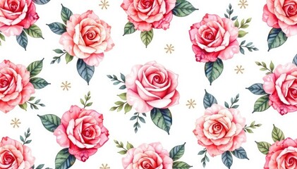 Delicate watercolor roses in a repeating pattern on white , botanical, background