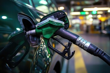 A car is being filled with gas at a gas station. The gas pump is green and black