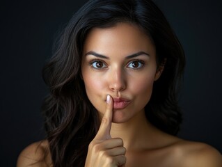 Naklejka premium A woman with long hair is holding her nose and making a sign of the peace. Concept of calm and tranquility