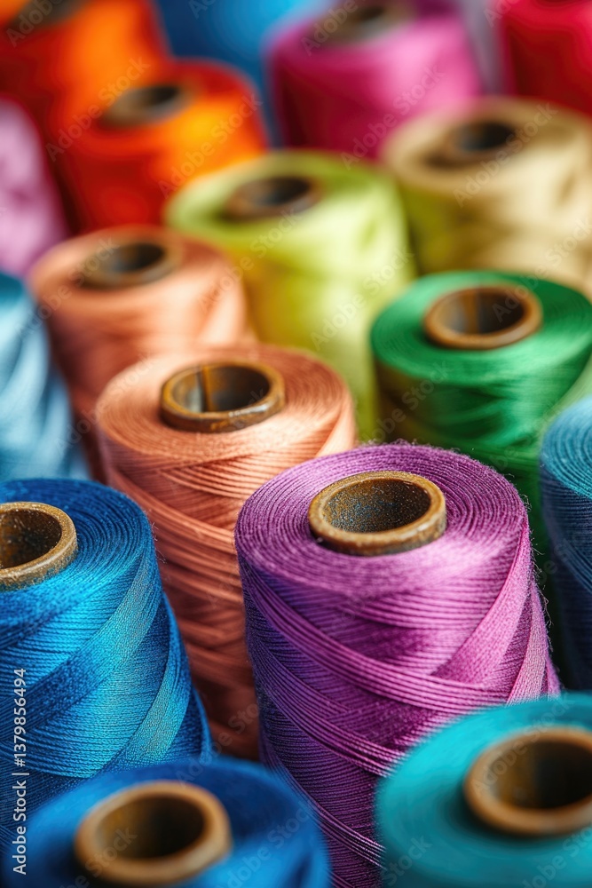 Poster a bunch of colorful threads are displayed in a row. the colors are vibrant and varied, creating a se