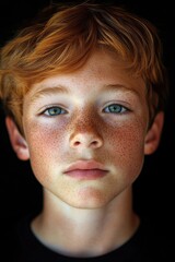 A boy with red hair and blue eyes. He has a lot of freckles on his face