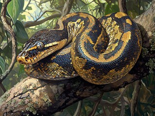Fototapeta premium Coiled Python Snake Resting on Tree Branch in Lush Jungle