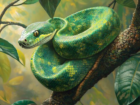 Green Tree Python Coiled on Branch in Lush Tropical Setting