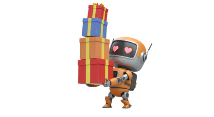 Naklejka premium Robot Carrying Stack of Colorful Gifts with Heart Eyes on White Background