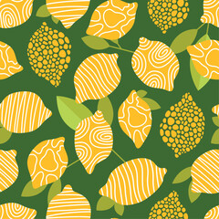 Seamless pattern of yellow lemon slices with green leaves, featuring varied textures like stripes and dots on a green background