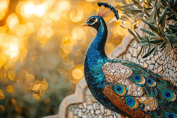 A stunning mosaic peacock statue, vibrant colors, detailed feathers, set against a bokeh background.