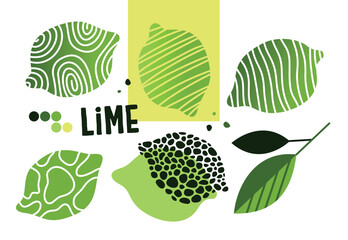 Collection of green lime slices with varied textures, leaves, and a yellow square with a green color palette