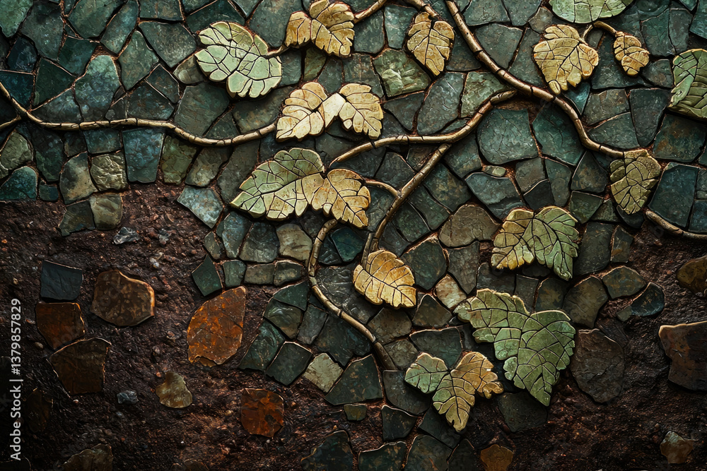 Poster stone mosaic artwork depicting a vine with leaves crawling on a textured stone surface.
