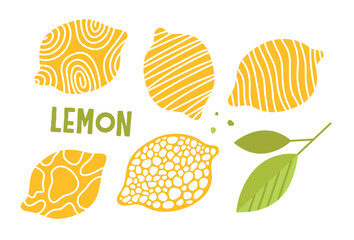 Collection of yellow lemon slices with varied textures, green leaves, set against a white background