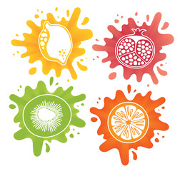 Set of fruit lemon, pomegranate, kiwi, orange with colorful splash backgrounds in yellow, red, green, and orange hues
