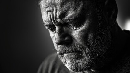 Emotion-filled portrait of a man reflecting on a sorrowful moment indoors in soft lighting