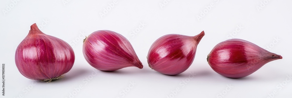 Poster four red onions are shown in a row on a white background. the onions are all different sizes and are