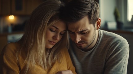 A couple is hugging each other in a kitchen. The woman is wearing a yellow sweater and the man is wearing a gray shirt. They seem to be comforting each other