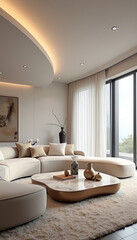Modern Minimalist Living Room with Neutral Tones and Curved Sofa
