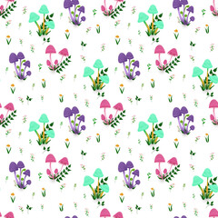 seamless poison mushrooms pattern. Cute seamless pattern with floral. Colorful poison mushrooms. Hand drawn