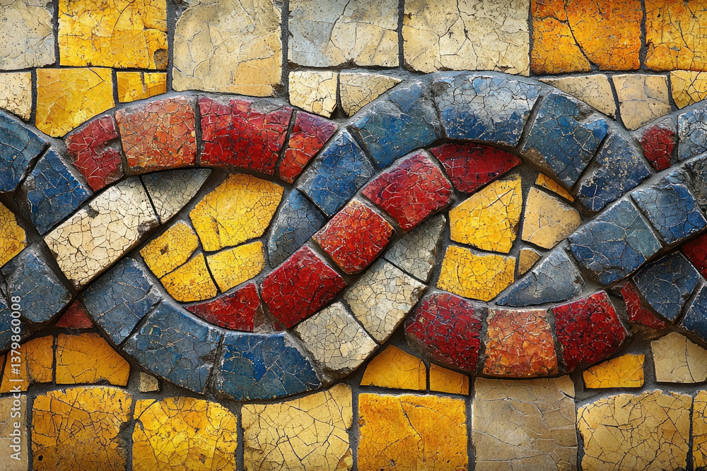 Poster a weathered mosaic of intertwined bands in red, blue, and yellow, creating a knot-like pattern.