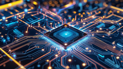 Futuristic AI powered microchip technology glowing circuit board cyberpunk motherboard processor artificial intelligence computing innovation digital high tech advanced semiconductor