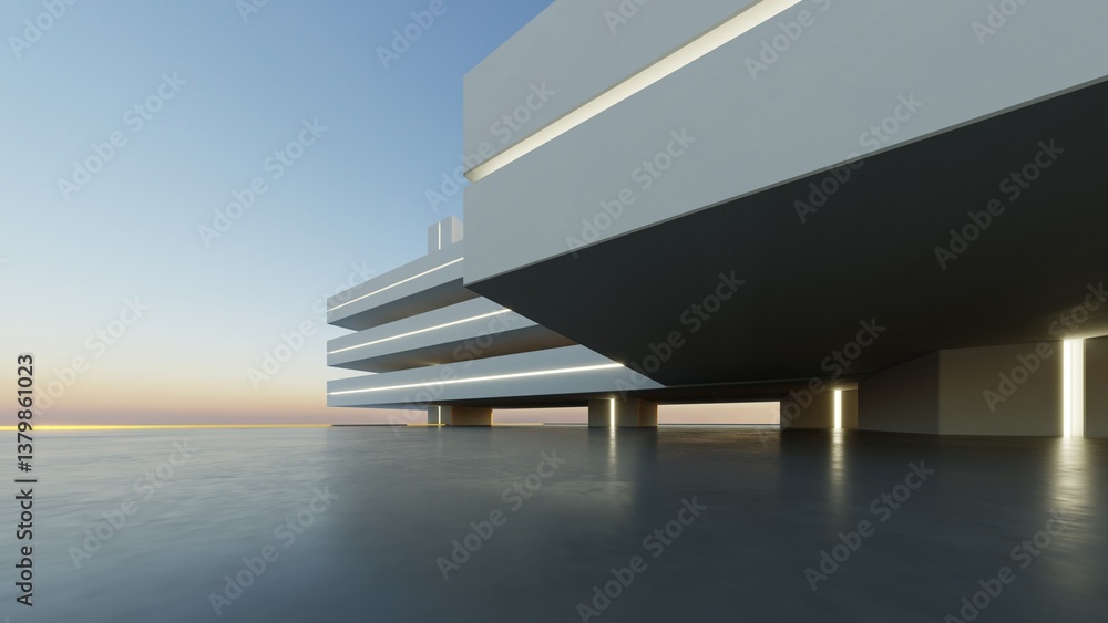 Poster 3d render of abstract modern architecture with empty cement floor, minimal exterior, car presentatio
