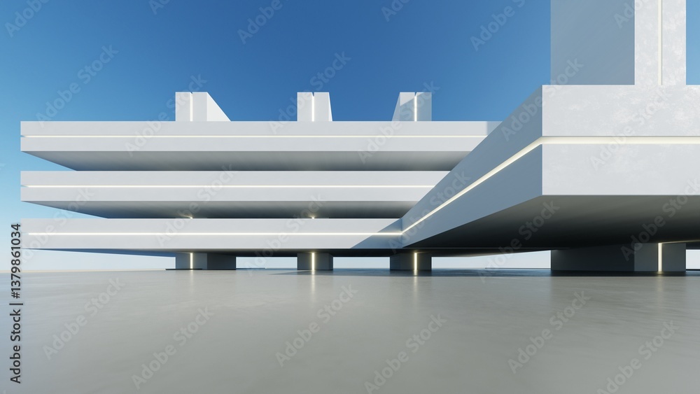 Poster 3d render of abstract modern architecture with empty cement floor, minimal exterior, car presentation background