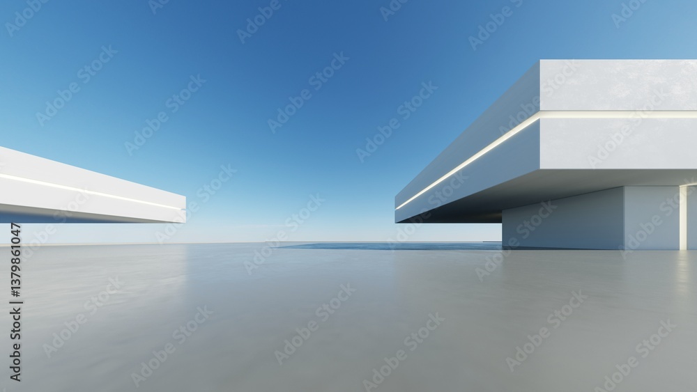 Poster 3d render of abstract modern architecture with empty cement floor, minimal exterior, car presentatio