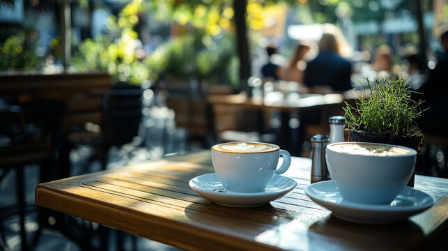 Outdoor Coffee Enjoyment in a Lively Cafe Setting