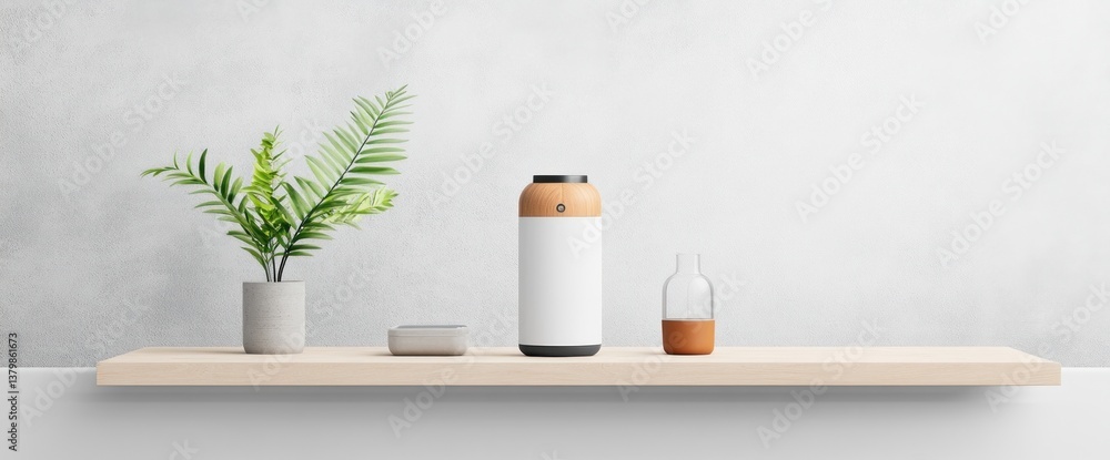 Poster shelf display with plant and cylindrical object
