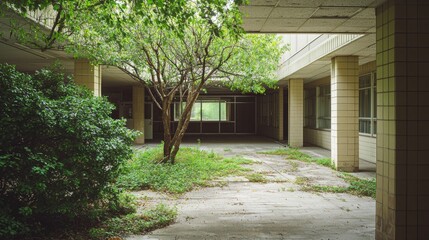Abandoned courtyard with greenery in a derelict building during daytime