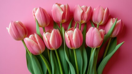Fototapeta premium A bouquet of pink tulips arranged in a row. The flowers are in full bloom and are the color pink. The arrangement is on a pink background, which adds to the overall beauty of the scene