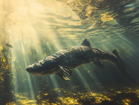 Alligator Gar Swimming Underwater with Sun Rays Streaming Through Water