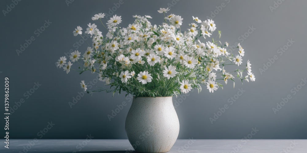 Poster a vase of white flowers sits on a table. the flowers are in full bloom and are arranged in a way tha