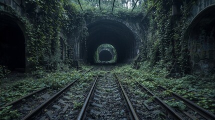 Abandoned railway tunnels overgrown with vegetation in the heart of an urban area during twilight
