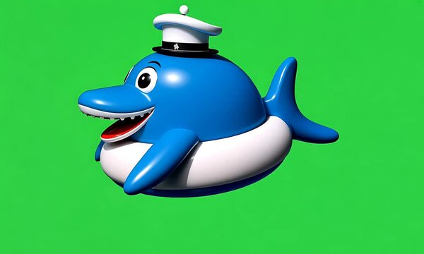 Cute blue dolphin wearing a captain's hat and inflatable ring