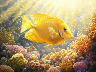 Obraz premium Swimming Yellow Tang Fish Near Colorful Coral Reef in Bright Sunlight