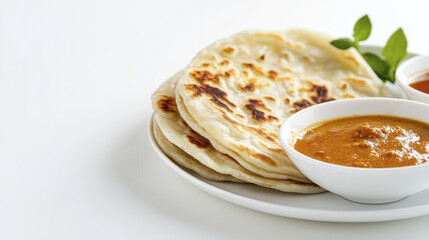 Delicious Malaysian roti served with rich curry sauce and side of dipping sauce, perfect for flavorful meal experience