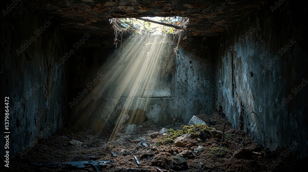 Poster mysterious light rays illuminate abandoned space unknown location photograph somber atmosphere capti