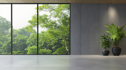 spacious interior with large windows showcasing lush greenery outside, creating serene and calming atmosphere. minimalist design features potted