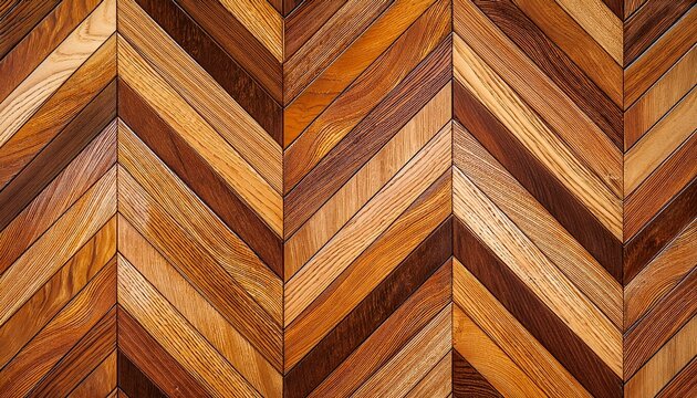 Seamless pattern of wooden chevron parquet flooring in warm golden oak tones, featuring natural grain, subtle tonal variation and realistic wood texture. Classic architectural surface
