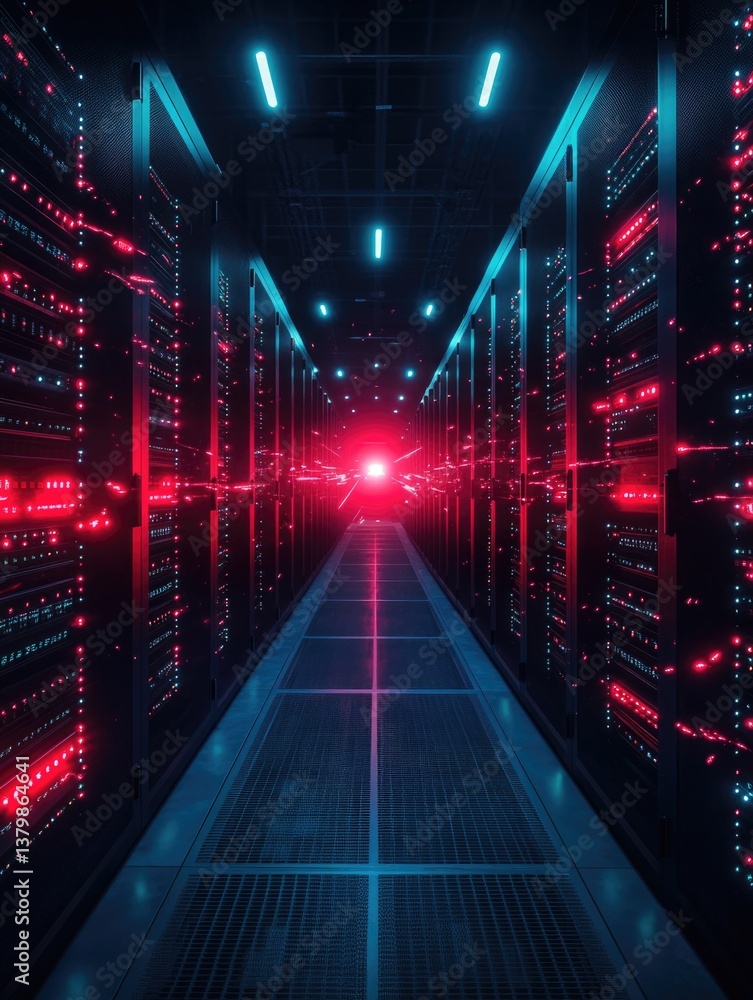 Poster a long, empty hallway with red and blue lights illuminating the space. the lights are on, creating a