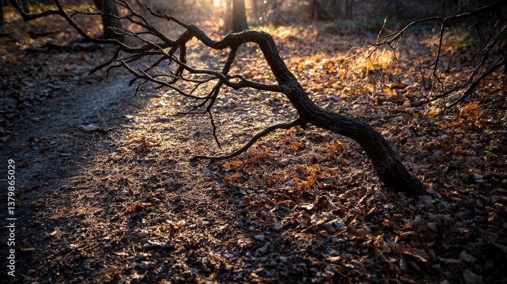 Aufkleber Sunlit pathway with twisted branches autumn forest nature photography tranquil setting ground level serenity