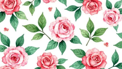 Delicate watercolor roses, lush leaves, seamless repeat, rose pattern, background, seamless background