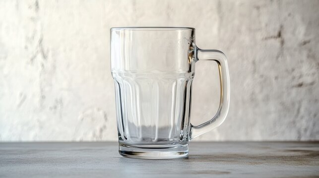 A photo of an empty beer glass taken on a table, the background is a white wall with some texture. There is no furniture in sight, and only one object which will be used as decoration. 