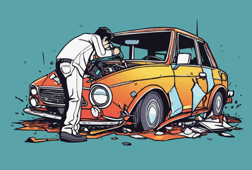 A Journalist taking photograph of a broken car in an accident