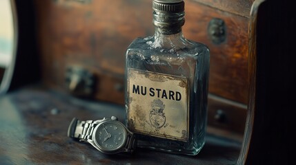 A photo of an empty glass bottle with "MUSTARD" written on the label, next to it is a silver watch lying flat on a surface.