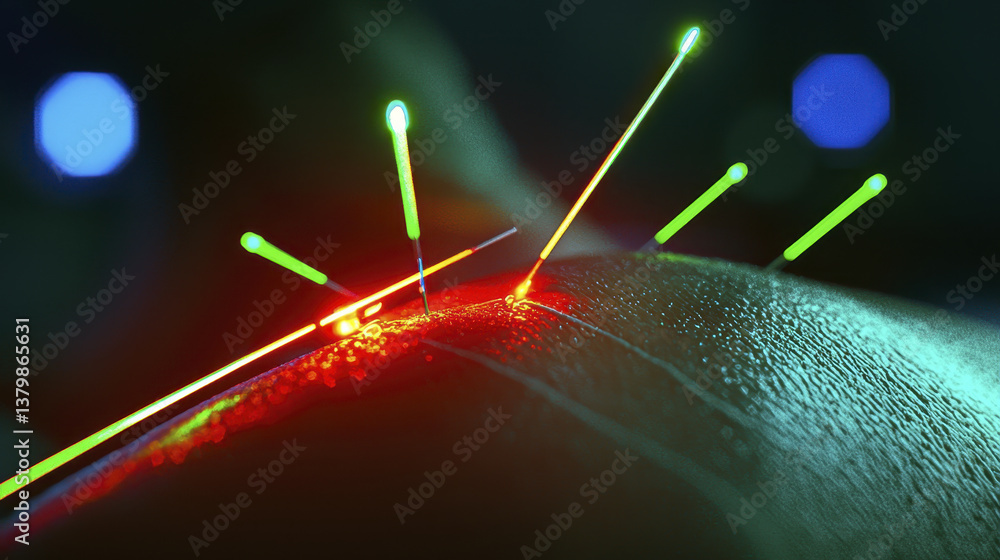 Poster close up view of skin surface with colorful laser beams illuminating it, creating vibrant and dynami