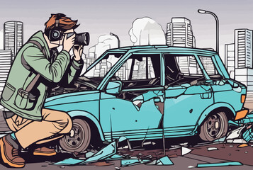 A Journalist taking photograph of a broken car in an accident