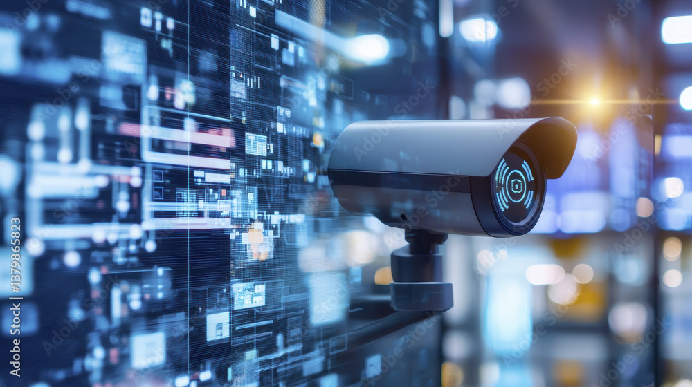 Poster high tech security camera monitoring digital data in modern environment, showcasing advanced surveil