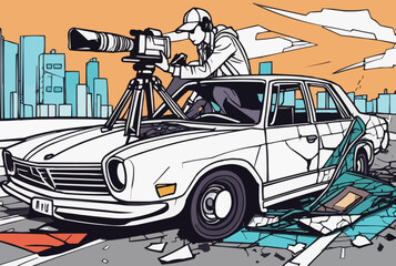 A Journalist taking photograph of a broken car in an accident