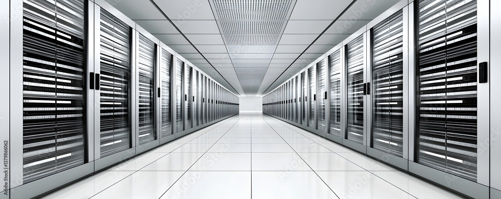 Poster a long corridor of high-tech server racks in a pristine data center, with a clear, minimalist backgr